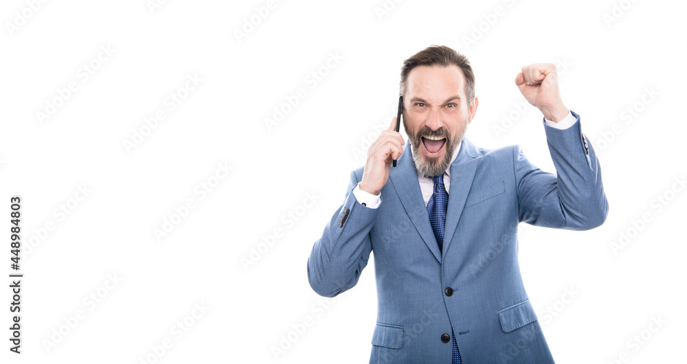 happy grizzled business man in suit speaking on phone isolated on white copy space, business success happy grizzled business man in suit speaking on phone isolated on white copy space, business success