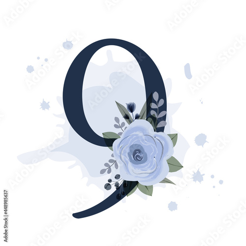 Number nine decorated royal blue rose with leaves and watercolor splash on transparent background. Vector illustration for postcard or birthday. Printable design element.