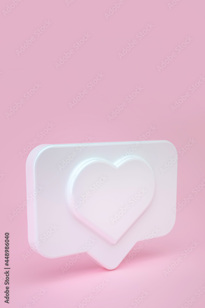 Social media message and notification icon on a white pin with a heart. 3d illustration