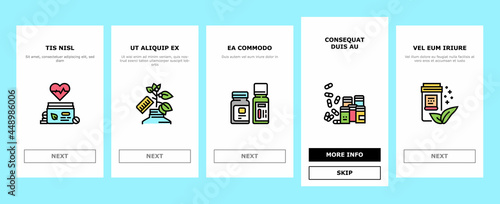 Homeopathy Medicine Onboarding Mobile App Page Screen Vector. Medicaments And Vitamins Prepared From Natural Bio Plant, Homeopathy Pills And Drug Container Illustrations