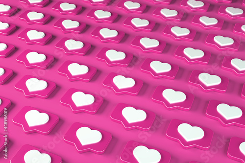 Pattern social media message and notification icon on a pink pin with a heart. 3d illustration