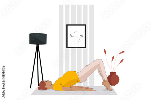 Online gymnastics for pregnant women. Business illustration for training yoga, pilates, workout pregnant women. Sport concept for relaxing prenatal mom. 