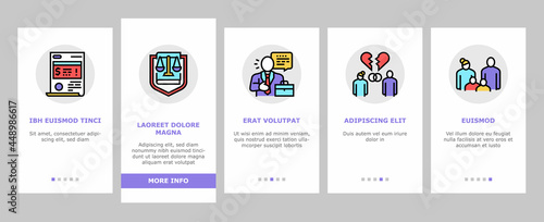 Law Justice Dictionary Onboarding Mobile App Page Screen Vector. Family And Social Norms, Leasing And Breach Of Contract, Penalty And Divorce Law Illustrations