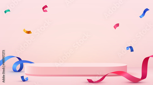 Abstract scene background. Cylinder podium background with confetti and ribbons. Product presentation, mock up, show cosmetic product, Podium, stage pedestal or platform.