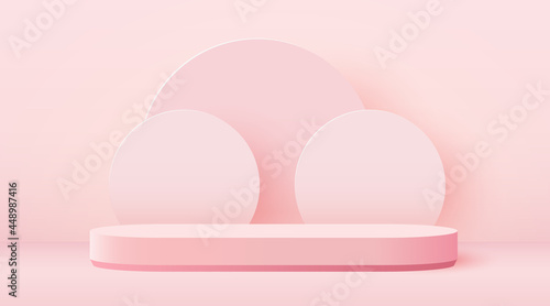 Abstract scene background. Cylinder podium on pink background. Product presentation, mock up, show cosmetic product, Podium, stage pedestal or platform.