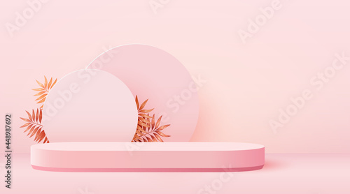 Abstract scene background. Cylinder podium with leaves on pink background. Product presentation, mock up, show cosmetic product, Podium, stage pedestal or platform.