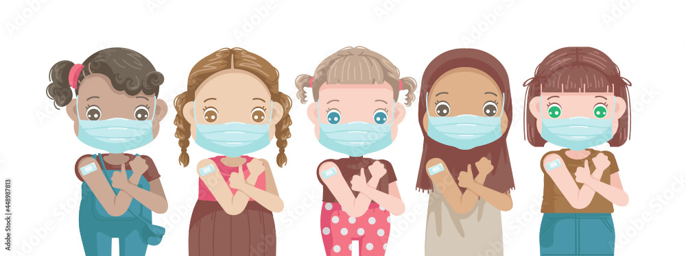 Llittle girls in face mask gesturing thumb up. Open shoulders for vaccination after receiving covid-19 vaccine injection. Kid approving of coronavirus immunization concept. Llittle girls in face mask gesturing thumb up. Open shoulders for vaccination after receiving covid-19 vaccine injection. Kid approving of coronavirus immunization concept.