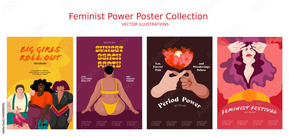 Vector Illustration. Feminist Party Illustrations. Festival, Party poster mockup. Plus size, beach body. Body Positivity.