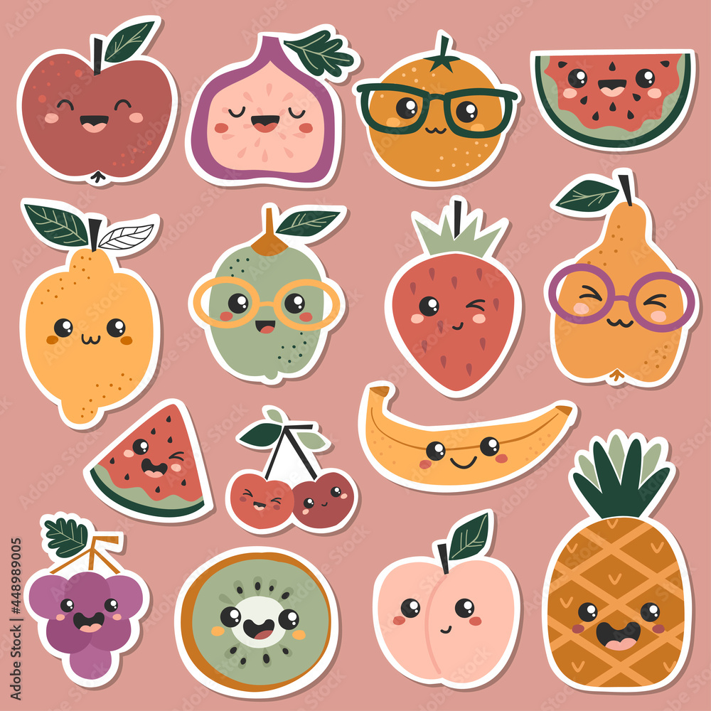 Set of stickers with cute kawaii fruits. Set of stickers with cute kawaii fruits.