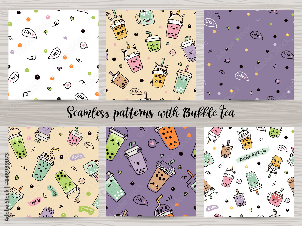 Set of seamless patterns with cute bubble tea or pearl tea.