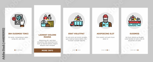 Refugee From Problem Onboarding Mobile App Page Screen Vector. Man And Family Refugee Escape From War And Hurricane, Worldwide Donation And Help, Illustrations