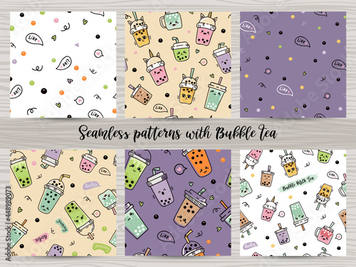 Set of seamless patterns with cute bubble tea or pearl tea.