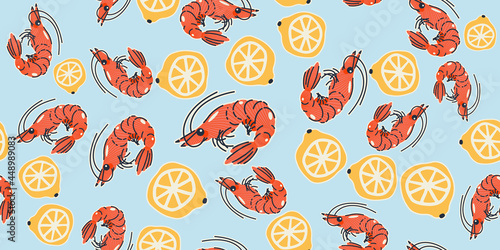 Seamless pattern, background, wrapping paper, illustration, postcard, print with colorful cute shrimps and lemons in vector