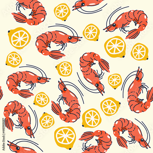 Seamless pattern, background, wrapping paper, illustration, postcard, print with colorful cute shrimps and lemons in vector