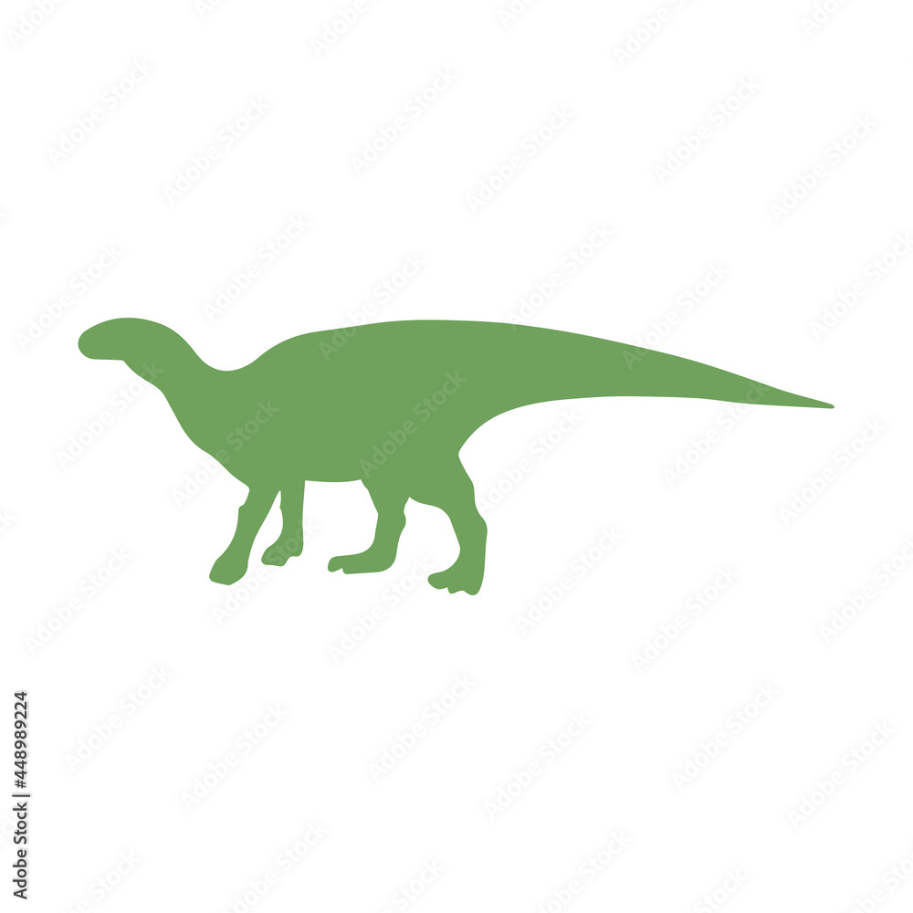 Silhouette of Dinosaur Hadrosaurus. Large extinct ancient herbivorous reptile. Jurassic. Print or poster. Colorful vector isolated illustration hand drawn. White background. Green dino