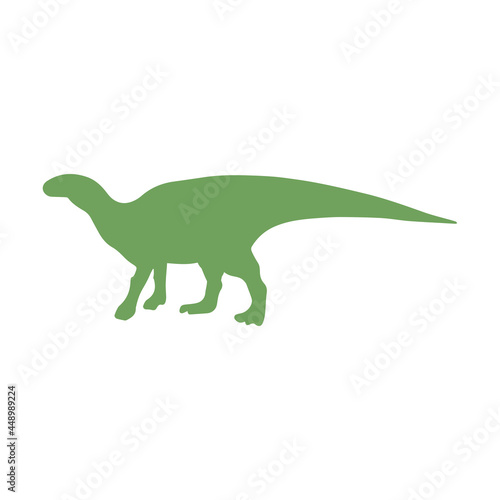 Silhouette of Dinosaur Hadrosaurus. Large extinct ancient herbivorous reptile. Jurassic. Print or poster. Colorful vector isolated illustration hand drawn. White background. Green dino © Ольга Е