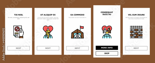 Refugee From Problem Onboarding Mobile App Page Screen Vector. Man And Family Refugee Escape From War And Hurricane, Worldwide Donation And Help, Illustrations