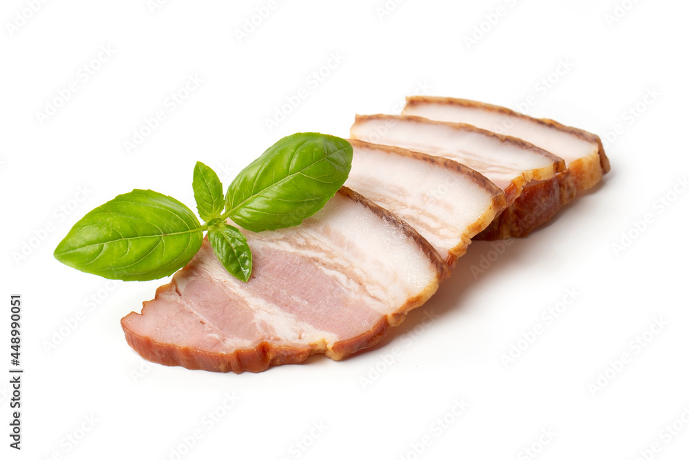 Smoked brisket pork loin decorated green basil leaf, isolated on white background. High resolution image.