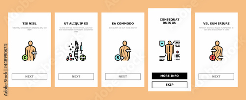 Scoliosis Disease Onboarding Mobile App Page Screen Vector. Corset And Surgery Medical Operation For Treatment Kyphosis And Scoliosis Health Problem Illustrations