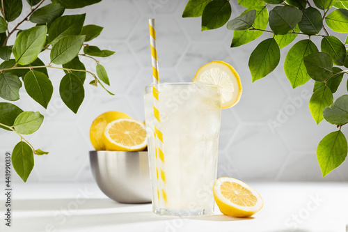 Detox fresh lemon juice of ripe lemons with ice in glass with ingredients in silver bowl, green branch in summer sunlight on white table, marble tile wall.