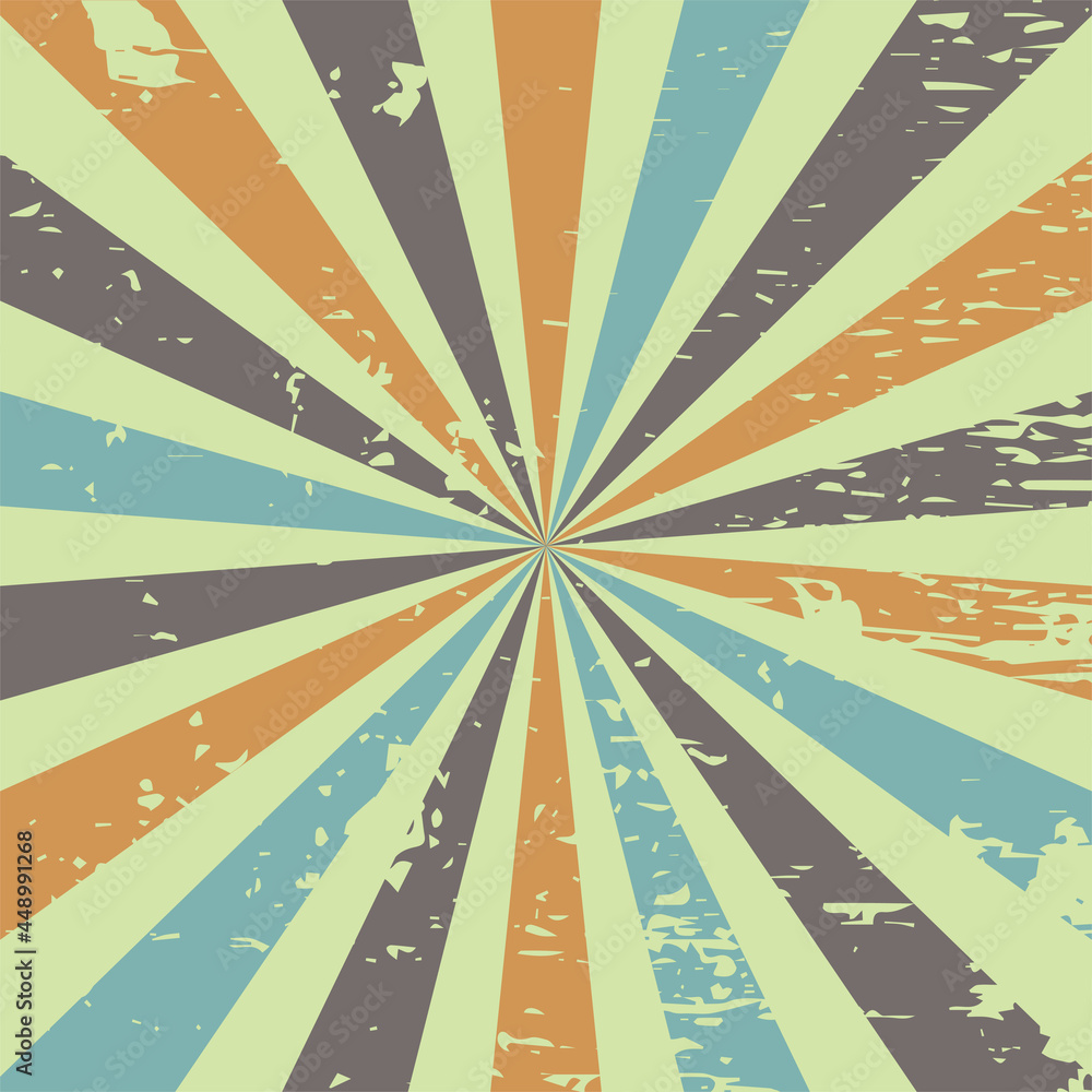 Retro background. Multicolored rays on a beige background with scratches. Vintage vector blank background.