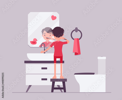 Child boy keeps teeth clean by brushing in a bathroom. Daily routine morning habit, little kid in washroom, room interior with toilet, sink and washbasin, wall mirror, rear view. Vector illustration