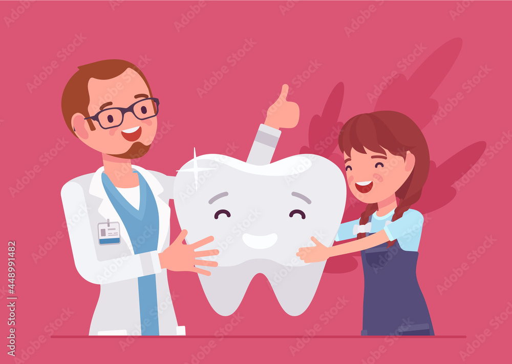 Child girl, happy dentist doctor and healthy clean tooth. Male stomatologist giving little child medical examination of dental treatment, good medical consultation. Vector illustration Child girl, happy dentist doctor and healthy clean tooth. Male stomatologist giving little child medical examination of dental treatment, good medical consultation. Vector illustration