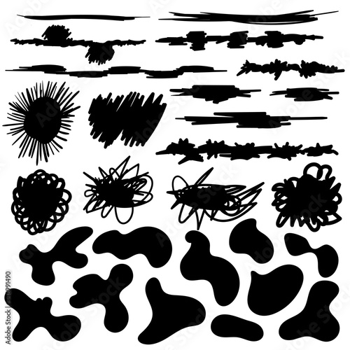 Set of abstract organic shapes and art brush smears. 25 abstract organic blobs and brush smear. Vector collection