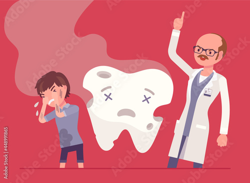 Child boy, angry dentist doctor and unhealthy rotten tooth smell. Male stomatologist scloding child for bad care at medical examination of dental treatment, medical consultation. Vector illustration