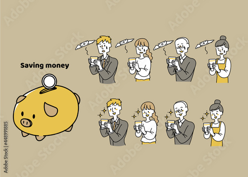 貯金に関する様々な年齢の人物イラストセット