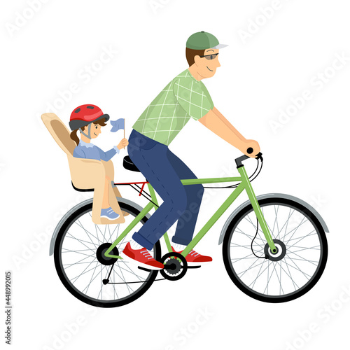The father rides a bicycle with the child in the child seat. Bicycle riding. Family holiday. Dad with daughter. Vector illustration in flat style isolated on white background.