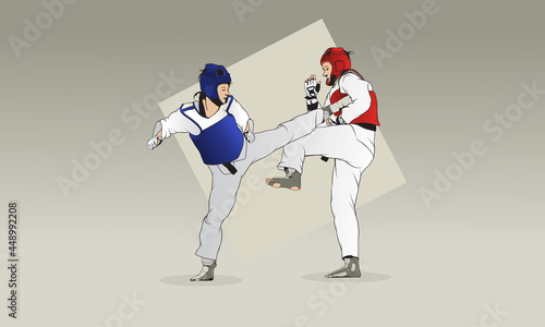 Training of two girls in taekwondo. The girls are protected by suits and are also wearing a helmet and gloves.
