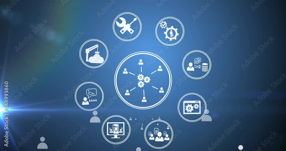 Animation of network of media icons on blue background Animation of network of media icons on blue background