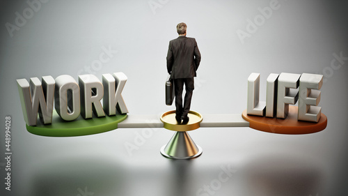 Work and life balance scale with businessman at the center. 3D illustration photo