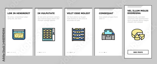 Cheese Production Onboarding Mobile App Page Screen Vector. Cheese Preparing Factory Industrial Equipment And Refrigerator, Heating And Cheesemaking Machine Illustrations