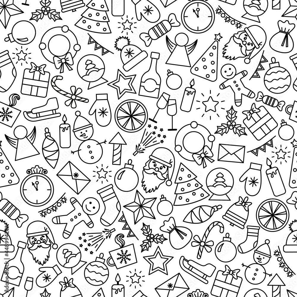 Christmas icons vector seamless pattern, Happy Winter Holiday tile background. Doodle outline ornamental design elements