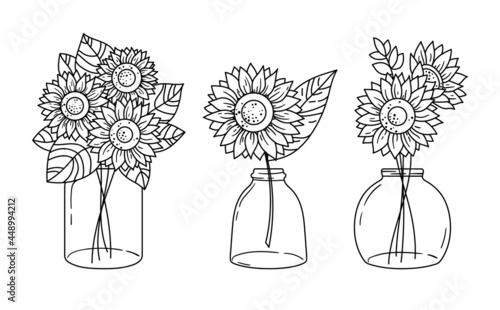 Sunflowers and mason jar isolated clipart, Black and white floral decorative elements, line wildflower and leaves, botanical design items, bouquete with sunflowers - vector illustration photo