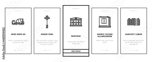 Concrete Production Onboarding Mobile App Page Screen Vector. Road And Foundation Concrete, Cement Bag And Spatula Tool, Bridge And Airport Runway Building Illustrations