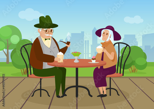 Elderly couple drinking coffee in outdoor street cafe vector illustration. Cartoon urban cityscape with husband wife characters sitting together at cafeteria table, senior people have rest background