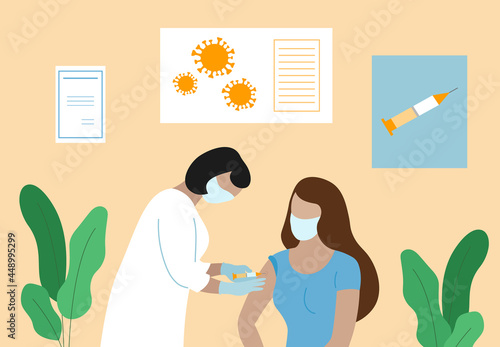 Coronavirus vaccination. Immunization against Covid-19 concept. Doctor injecting woman patient. Medical nurse in mask holding syringe with vaccine. Vector illustration