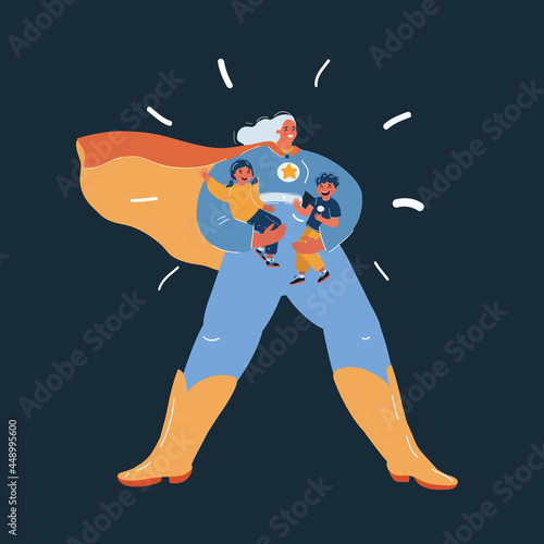 Vector illustration of Son and daughter hanging on Super Hero Mom strong arms over dark backround.
