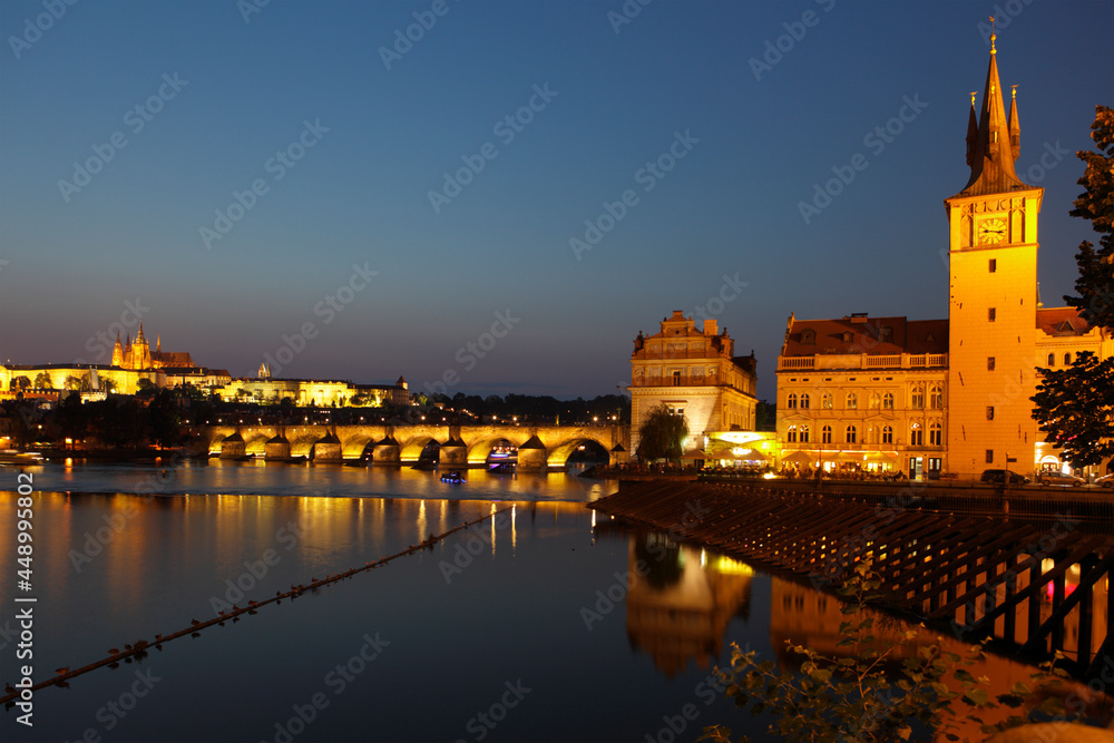 Charles bridge and cityscape at sunset, Prague, Czech Republic