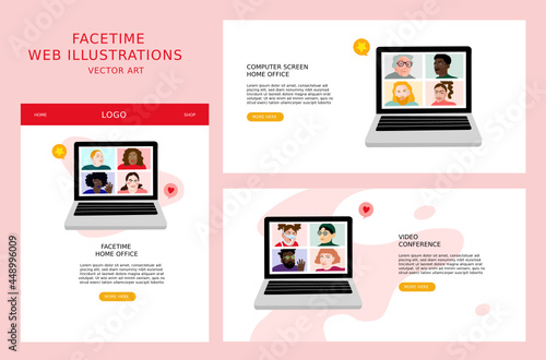 Vector illustrations for business, finance, cover, banner, poster, or brochure design. Homeoffice concept. Drawings of people on screens in video conferences. 