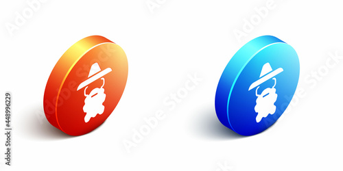 Isometric Wizard warlock icon isolated on white background. Orange and blue circle button. Vector