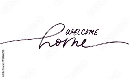 Welcome home black line lettering. Hand drawn modern vector calligraphy isolated on white. Black simple inscription with swashes, wavy lettering text. Design for holiday greeting card, housewarming.