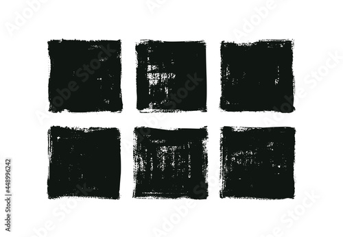 Black rough edge vector square boxes. Black painted squares or rectangular shapes. Hand drawn brush stroke isolated on white. Dirty grunge design frames, borders, templates or backgrounds for text.