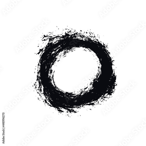 Vector black paint, ink brush stroke circle shape. Dirty grunge design round element or background for text. Grungy black smear and rough stain. Hand drawn ink illustration isolated on white.