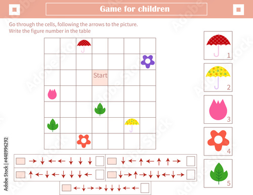  A game for children. Development of spatial thinking. Go through the cells  following the arrows to the picture. Mark the figure number in the table