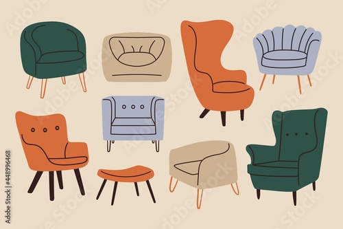 Doodle modern furniture set. Comfy chairs mid century contemporary style, vector armchairs, room decoration interior design