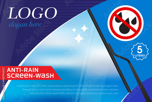 Windshield wiper label template from raindrops. Concept for cleaning products, screen wash, polishing, nano-coatings. Vector, illustration